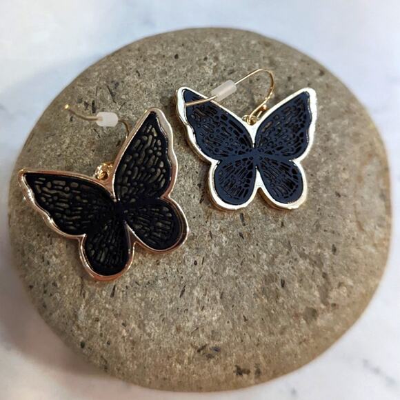 BUTTERFLY Gold and Black Filagree 3D Hook Earrings - Picture 5 of 6